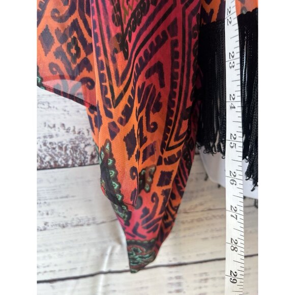 Ivy Jane Size S Boho Festival Fringe Kimono Bell Sleeve Asymetrical Sheer Blouse - Picture 8 of 12